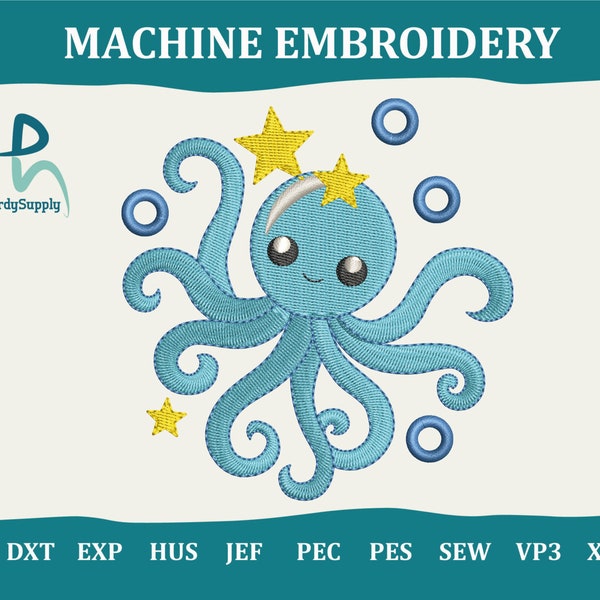 Baby Octopus Design, Embroidered Cute Sea Animals Digital Designs, Machine Embroidery, Instant Download, Dst Sew Pes File, Perfect Stitching