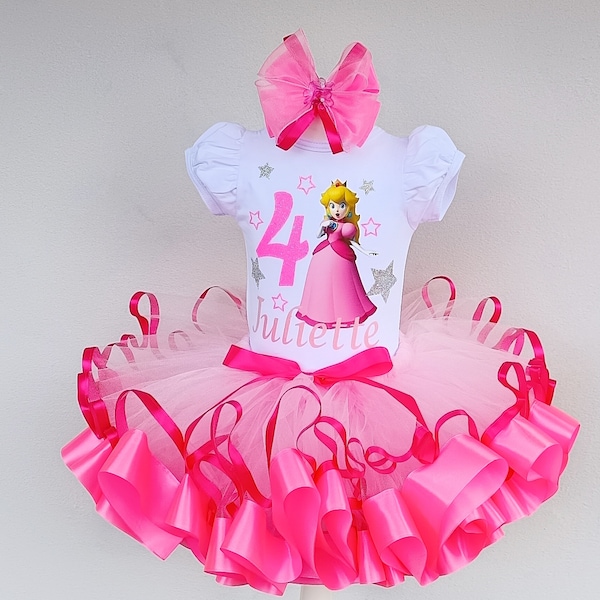 Princess Peach Birthday Tutu Outfit, pink Princess Peach tutu set for baby girl