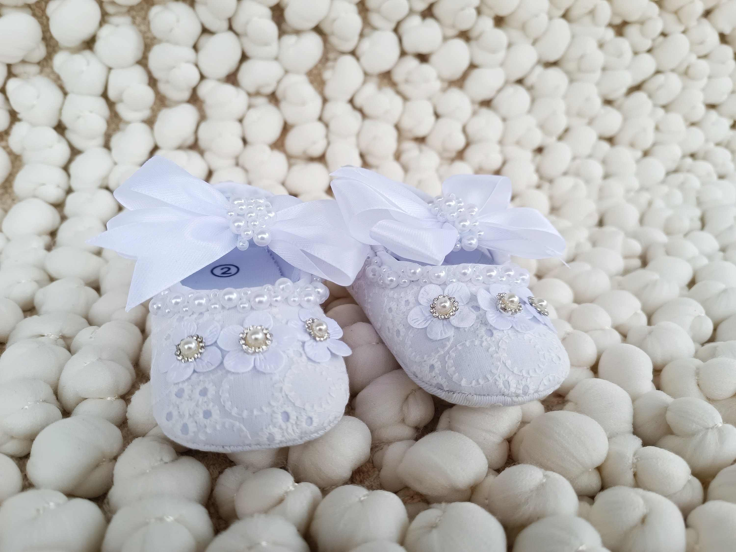 Newborn Baby Girl Bling Shoes, White Shower Gift Shoes Baby Christening