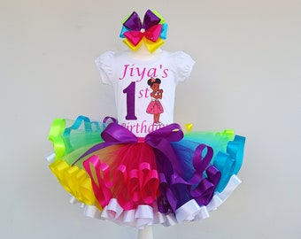 Toddler&#39;s birthday Rainbow tutu costume, African American Baby girl Custom birthday outfit