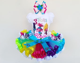 Poppy Troll rainbow Birthday outfit, Viva and Poppy Trolls Personalized Custom Outfit Girl.