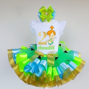 Pebbles Birthday outfit, Green & Blue Pebbles Personalized Custom tutu set Girl.