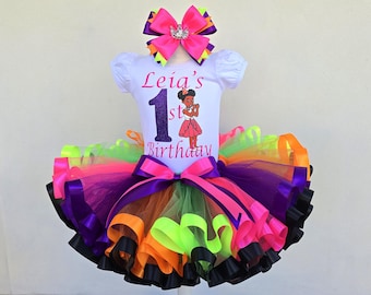 Toddler&#39;s birthday Rainbow tutu costume, African American Baby girl Custom birthday outfit