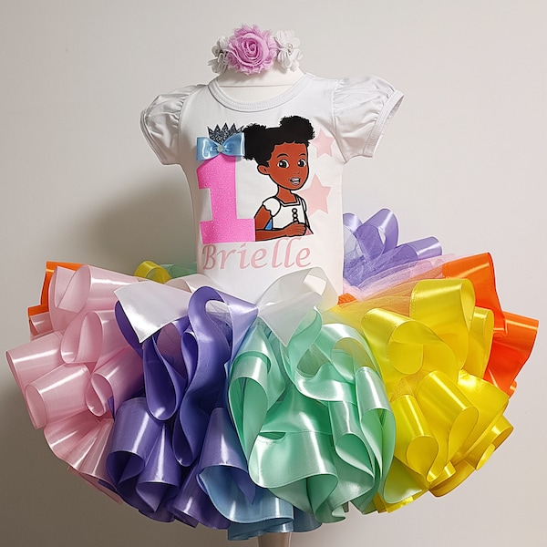 Toddler's birthday Pastel Rainbow tutu costume,African American Baby girl Custom birthday outfit