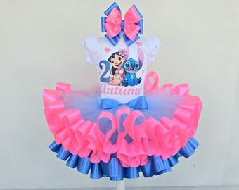 lilo and stitch birthday dress custom Stitch birthday outfit girl/personalized glitter tutu set/Stitch themed birthday outfit toddler/birthday outfit with name and character. XL / main image 1