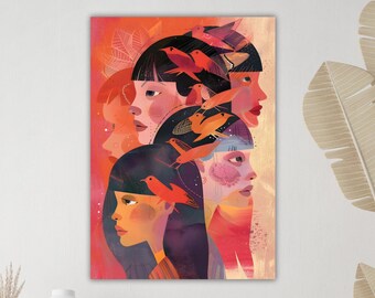 Harmony of Birds Canvas, Vibrant Feminine Abstract Art, Nature-Inspired Wall Decor, Whimsical Portrait Artwork, Ready to Hang