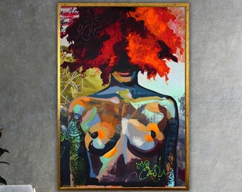 Vibrant Abstract Female Portrait Canvas, Bold Afrocentric Art, Expressive Modern Wall Decor, Colorful Feminine Artwork