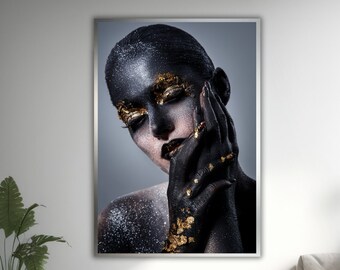 Golden Veil, Artistic Makeup Photography, Black and Gold, Bold Beauty, Modern Wall Art, Ready To Hang Déco