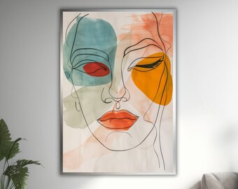 Minimalist Femininity, Abstract Line Art, Female Faces, Bold Colors, Modern Wall Art, Ready To Hang Décor