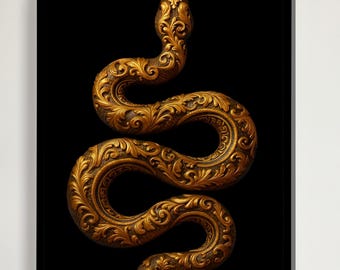 May include: A golden, ornate snake sculpture against a black background. The snake is coiled and detailed with intricate patterns. The artwork is displayed on a wall above a wooden bench with decorative items.