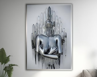 Futuristic Metallic Female Sculpture Canvas, Abstract 3D Art, Silver Modern Wall Art, Avant-Garde Artistic Decor