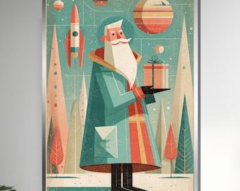 Retro Space Santa Print, Mid-Century Modern Christmas Art, Futuristic Holiday Wall Decor, Outer Space Santa Poster, Sci-Fi Xmas Design