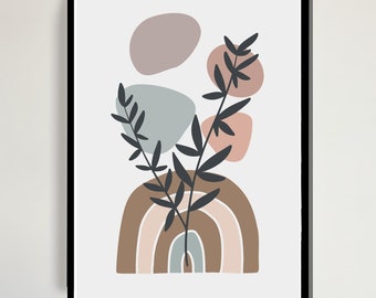 Modern Botanical Wall Art, Minimalist Rainbow Print, Nature-Inspired Earth Tones, Contemporary Plant Art, Ready to Hang Canvas