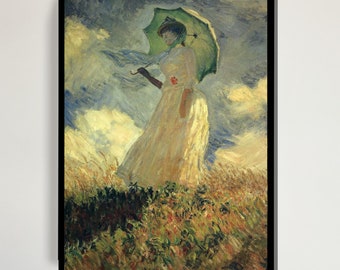 左向きの日傘をさす女性 - クロード・モネの手描きの油絵の複製、日光