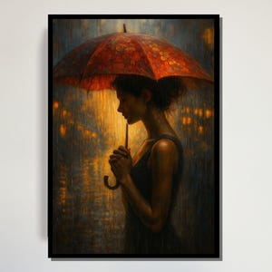 Rainy Night Woman Canvas, Red Umbrella Wall Art, Moody Girl Portrait, Romantic Rain Painting, Emotional Woman Canvas