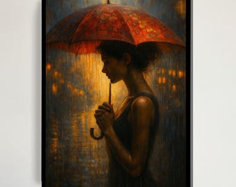 Lienzo de mujer en una noche lluviosa, arte mural con paraguas rojos, retrato de una chica melancólica, pintura romántica con lluvia, lienzo de una mujer emotiva