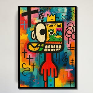 Colorful Abstract Graffiti Canvas, Urban Pop Art Wall Print, Crown Head Modern Art, Street Art Canvas Design, Ready To Hang Wall Decor