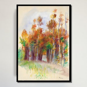 Autumn Forest Watercolor Canvas, Vibrant Fall Landscape Art Print, Colorful Trees Painting, Seasonal Woodland Scene
