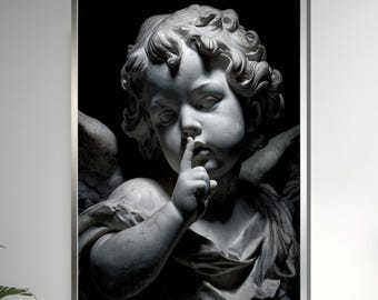Silent Angel Canvas, Baroque Cherub Wall Art, Classical Angel Sculpture Print, Whispering Angel Canvas, Dark Aesthetic Home Decor