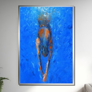 Swimmer Canvas Wall Art, Diving Woman Wall Print, Underwater Art Poster, Blue Abstract Water Painting, Wall Art Canvas Design
