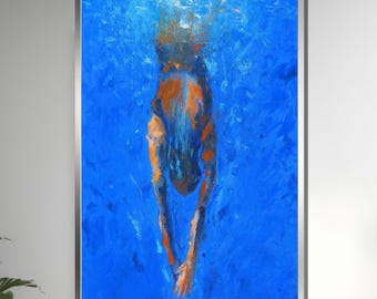 Swimmer Canvas Wall Art, Diving Woman Wall Print, Underwater Art Poster, Blue Abstract Water Painting, Wall Art Canvas Design