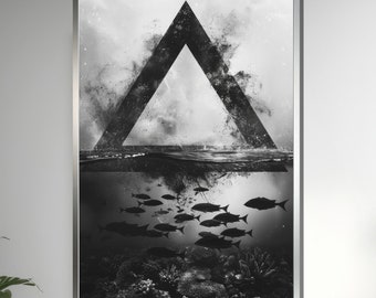 Abstract Ocean Triangle Canvas, Geometric Art, Underwater Fish Print, Monochrome Wall Art, Modern Abstract Decor, Ready to Hang