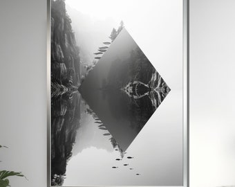 Surreal Geometric Landscape Canvas, Mountain and Fish Wall Art, Abstract Nature Print, Monochrome Art, Ready to Hang Decor