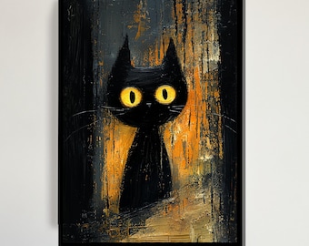 黒猫の絵画、猫アート、猫好きへのギフト、黒の抽象画、キャンバスに