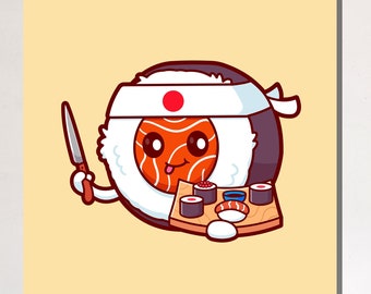 Cute Sushi Samurai Canvas, Kawaii Sushi Art, Japanese Food Cartoon Print, Fun Kitchen Wall Decor, Ready to Hang