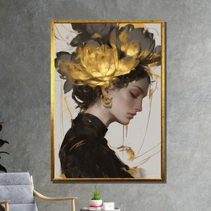 Golden Floral Elegance Canvas, Ethereal Woman Art, Abstract Flower Portrait, Modern Botanical Decor, Wall Art Canvas Design, Ready to Hang