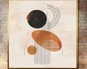 Abstract Geometric Wall Art, Modern Minimalist Print, Earth Tone Circles, Contemporary Line Art, Ready to Hang Decor