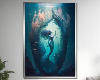 魅惑的なマーメイドキャンバス、水中ファンタジーアート、海洋壁プリント、神秘的な海の装飾、すぐに掛けられるアートワーク
