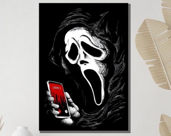 May include: A black and white illustration of the Ghostface killer from the Scream movie franchise. The killer is wearing a black hooded robe and a white mask with a screaming face. The killer is holding a smartphone with a red screen that says "SIDNEY" on it.