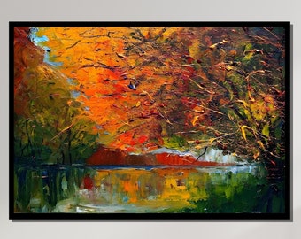 Lienzo de reflejos de otoño, arte del follaje de otoño, pintura forestal colorida, decoración de pared de temporada, obras de arte listas para colgar