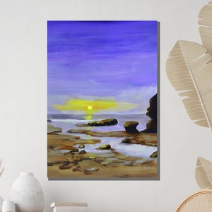 Sunset Beach Canvas, Coastal Wall Art, Tranquil Seascape Painting, Ocean Sunset Print, Beach Decor, Ready To Hang Wall Art