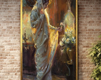 Donna elegante a lume di candela, decorazione murale romantica, stampa a olio con luce soffusa, tela classica femminile, decorazione murale in stile vintage