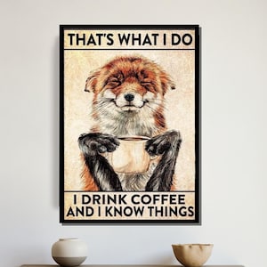 Arte della volpe amante del caffè, poster di animali umoristici, decorazione da parete eccentrica, pronto da appendere