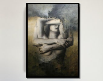 Abstract Embrace Canvas, Surreal Feminine Artwork, Intimate Emotional Wall Art, Moody Textured Painting, Modern Sensual Decor