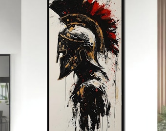 Spartan Warrior Canvas, Gold Gladiator Helmet Wall Art, Abstract Spartan Soldier Painting, Bold Ancient Warrior Print, Ready To Hang Canvas