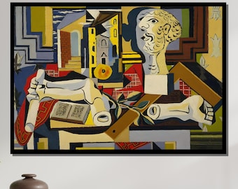 Cubist Still Life with Sculpture, Picasso-Style Abstract Art, Modern Geometric Canvas, Ready to Hang Cubism Painting