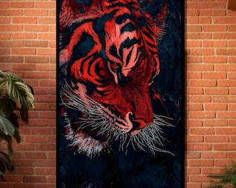 Red Tiger Canvas Art, Fierce Tiger Head Wall Print, Abstract Jungle Animal Artwork, Bold Wildlife Canvas Design, Ready To Hang Wall Decor