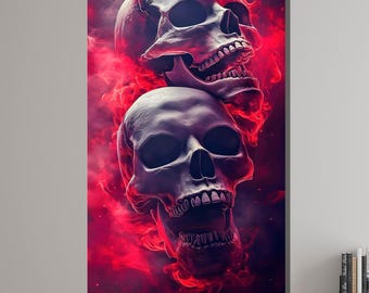 Twin Skulls Canvas Art, Dark Red Skull Painting, Gothic Horror