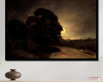 May include: A painting of a dark landscape with a single tree in the foreground. The moon is visible in the sky, and a horse is standing in the distance.