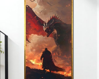 Epic Dragon Battle Canvas, Warrior and Dragon Art, Fantasy Adventure Wall Art, Medieval Fantasy Decor, Ready to Hang