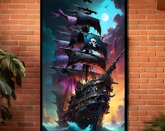 Ghostly Pirate Ship Art, Enchanted Sea Adventure Poster, Dark Fantasy Nautical Wall Decor, Haunted Ship Print, Ready To Hang