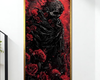 Dark Rose Reaper Art, poster gotische schedel en doornen, romantisch macaber wanddecor, rode en zwarte fantasieprint, klaar om op te hangen