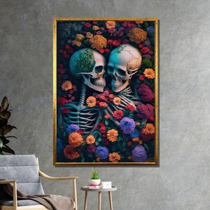 May include: Two skeletons embrace in a field of colorful flowers. The skeletons are wearing floral crowns and are surrounded by vibrant blooms in shades of red, orange, yellow, purple, and blue.