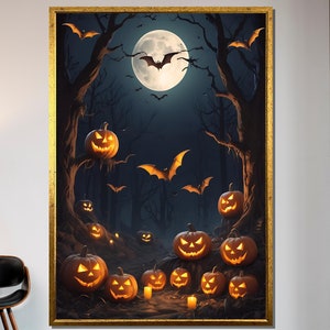 Może przedstawiać: Obraz o tematyce Halloween przedstawiający pełnię księżyca i nietoperze latające w ciemnym lesie. Podłoga lasu jest oświetlona świecącymi dyniami.