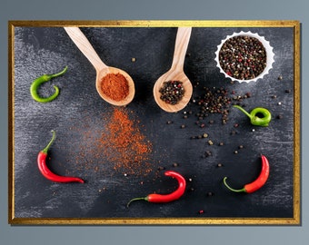 Spices and Peppers Canvas, Culinary Kitchen Art, Spice and Chili Wall Decor, Food Photography Print, Ready to Hang
