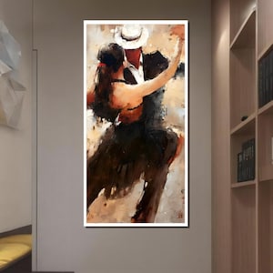 Puede incluir: Una pintura de una pareja bailando tango. El hombre lleva un sombrero blanco y la mujer lleva un vestido negro. La pintura está hecha en un estilo suelto e impresionista.